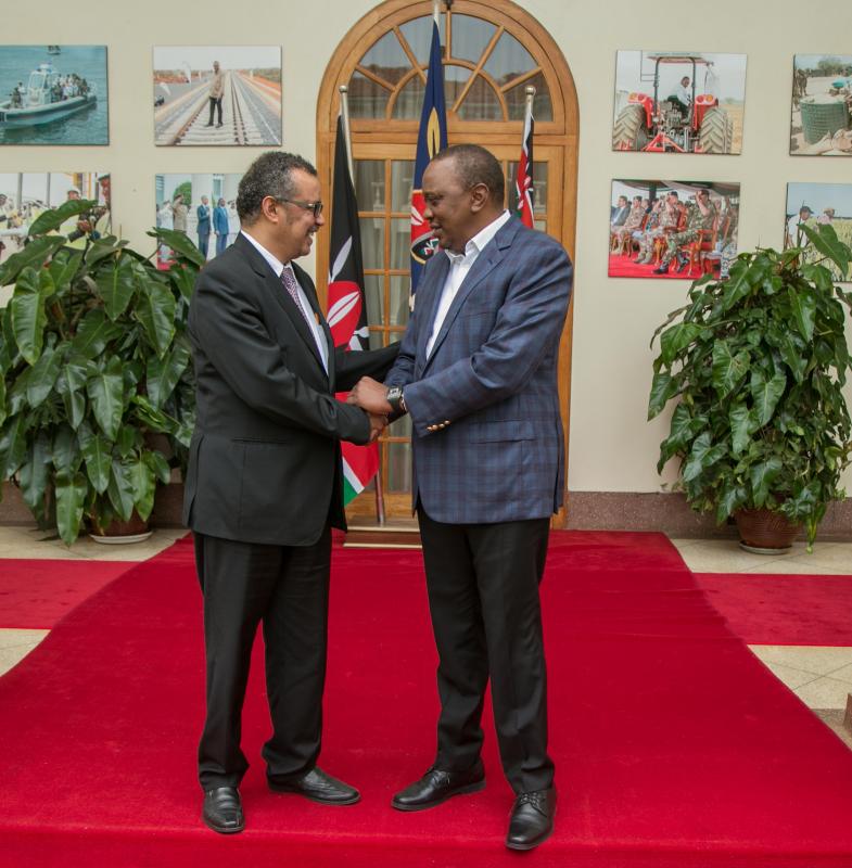 DG Dr Tedros with President Uhuru Kenyatta at State House Nairob where they discussed implementation of Universal Health Coverage and Kenya’s four priority areas of focus 