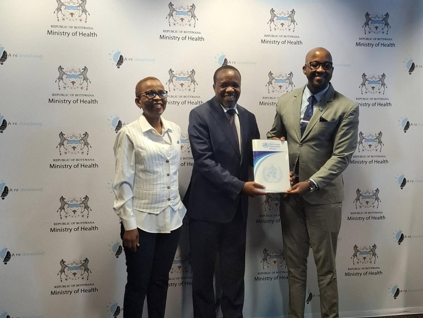 From left Ministry of Health's PS, Prof Oatlhokwa Nkomazana; WHO Botswana Representative, Dr. Fabian Ndenzako and Dr. Stephen Modise