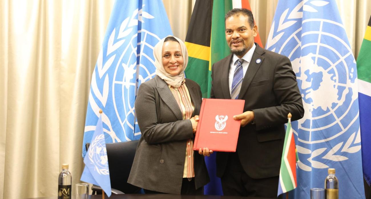 Ms. Sheenaz El-Halabi, WHO Representative to South Africa (left) presenting her credentials to Deputy Minister Alvin Botes of Department of International Relations and Cooperation (DIRCO).