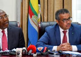 Prime Minister Dr Ruhakana Ruganda (left) and WHO DG Dr Tedros Adhanon Ghebreyesus address the media during the presser