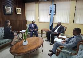 The WHO Representative, Dr. Fabian Ndenzako, met with the Minister of International Relations, Dr. Phenyo Butale, to present his credentials.