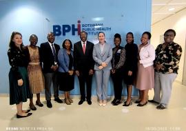 Dr Fabian Ndenzako and his team meeting the Botswana Public Health Institute team, led by Dr Pamela Smith-Lawrence