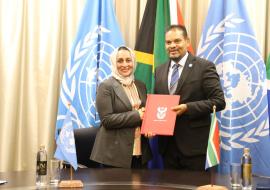 Ms. Sheenaz El-Halabi, WHO Representative to South Africa (left) presenting her credentials to Deputy Minister Alvin Botes of Department of International Relations and Cooperation (DIRCO).