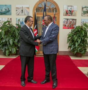 DG Dr Tedros with President Uhuru Kenyatta at State House Nairob where they discussed implementation of Universal Health Coverage and Kenya’s four priority areas of focus 