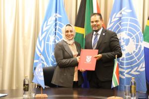 Ms. Sheenaz El-Halabi, WHO Representative to South Africa (left) presenting her credentials to Deputy Minister Alvin Botes of Department of International Relations and Cooperation (DIRCO).