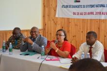 De gauche à droite le DGS_l'OIC de l'OMS_la SGS et le DG de la planification_ la SGS prononçant son allocution d'ouverture