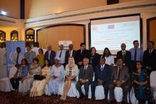 Group photo:  Dr Hon. A. Husnoo, Health Minister with eminent personalities, namely Her Excellency, Ms Marjanna Sall, the Ambassador of European Union, Mrs Christine  Umutoni, United Nation Resident Coordinator and UNDP Resident Representative, Dr Laurent Musango, the WHO Representative in Mauritius, Mr  Prakash Nowbuth, Senior Chief Executive, Dr Maryam Timol, the acting Director General Health Services and Mrs Mudaliar, Permanent Secretary of the Ministry of Health and Quality of Life