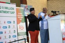 Minister of Health, Dr Aaron Motsoaledi (middle) with dignitaries during the Closing 1.1 Million HIV Treatment Gap Campaign at Chris Hani Baragwanath Hospital in Johannesburg.